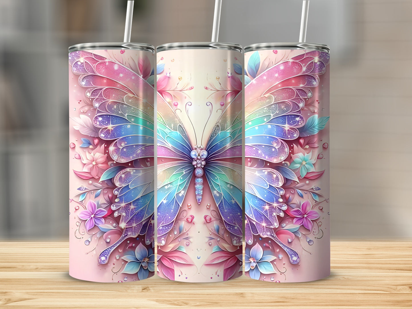 Three tumblers decorated with colorful butterflies and floral accents.