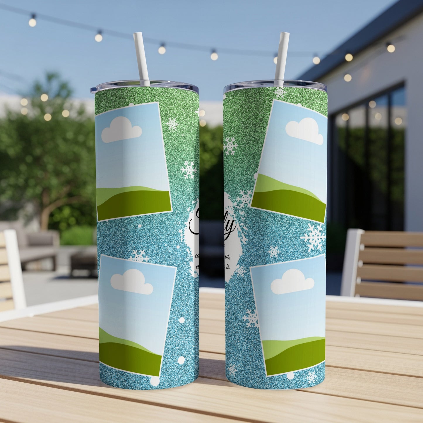 Two tall tumblers with green glitter top and blue glitter bottom, featuring photo placeholders.