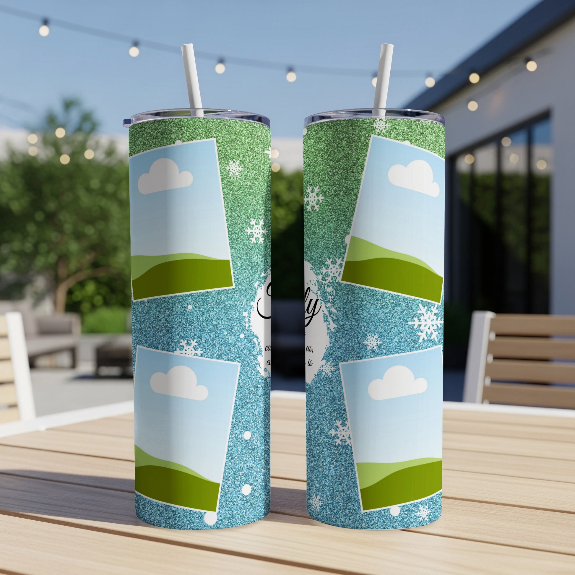 Two tall tumblers with green glitter top and blue glitter bottom, featuring photo placeholders.