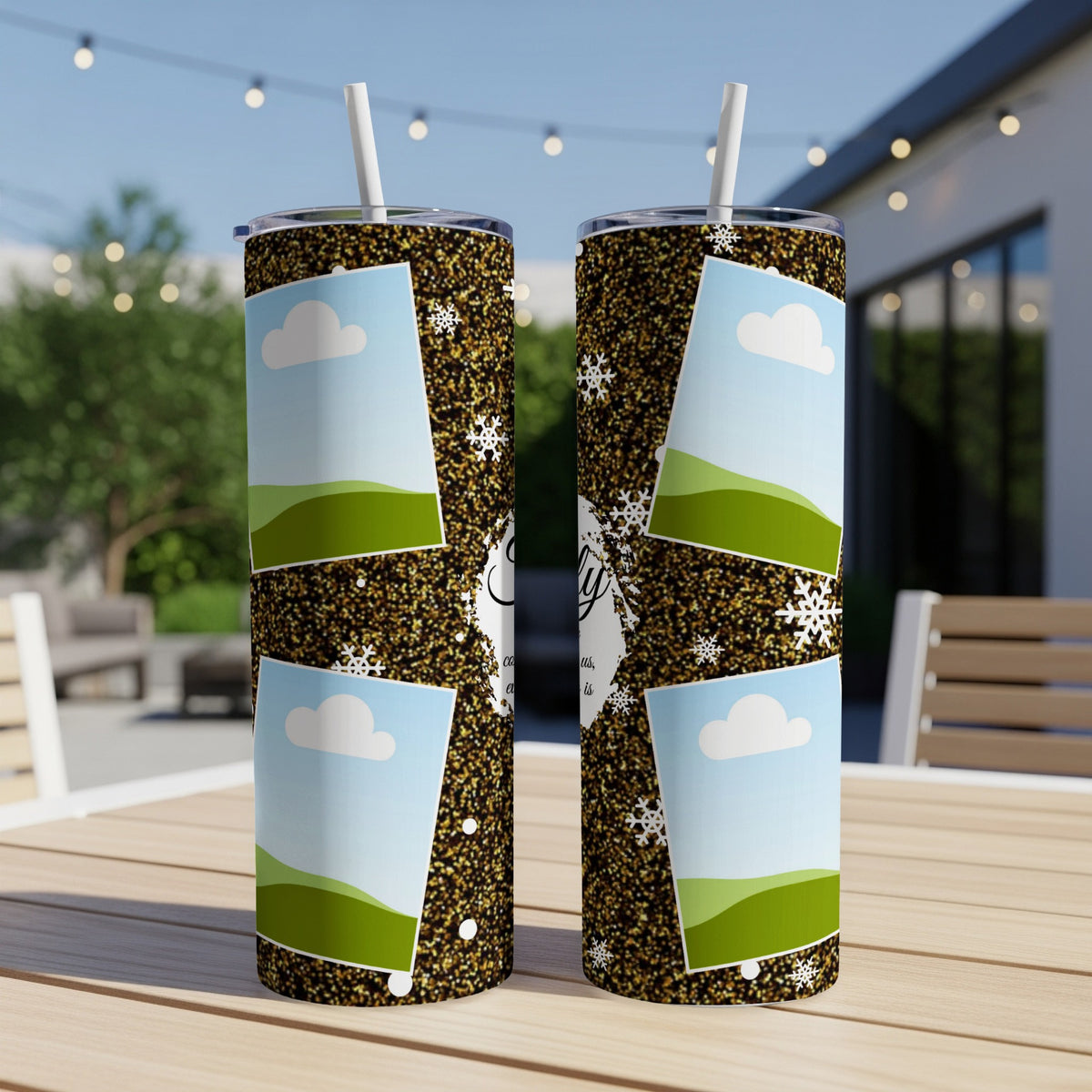 Two tumblers with gold glitter design, photo placeholders, and snowflakes.