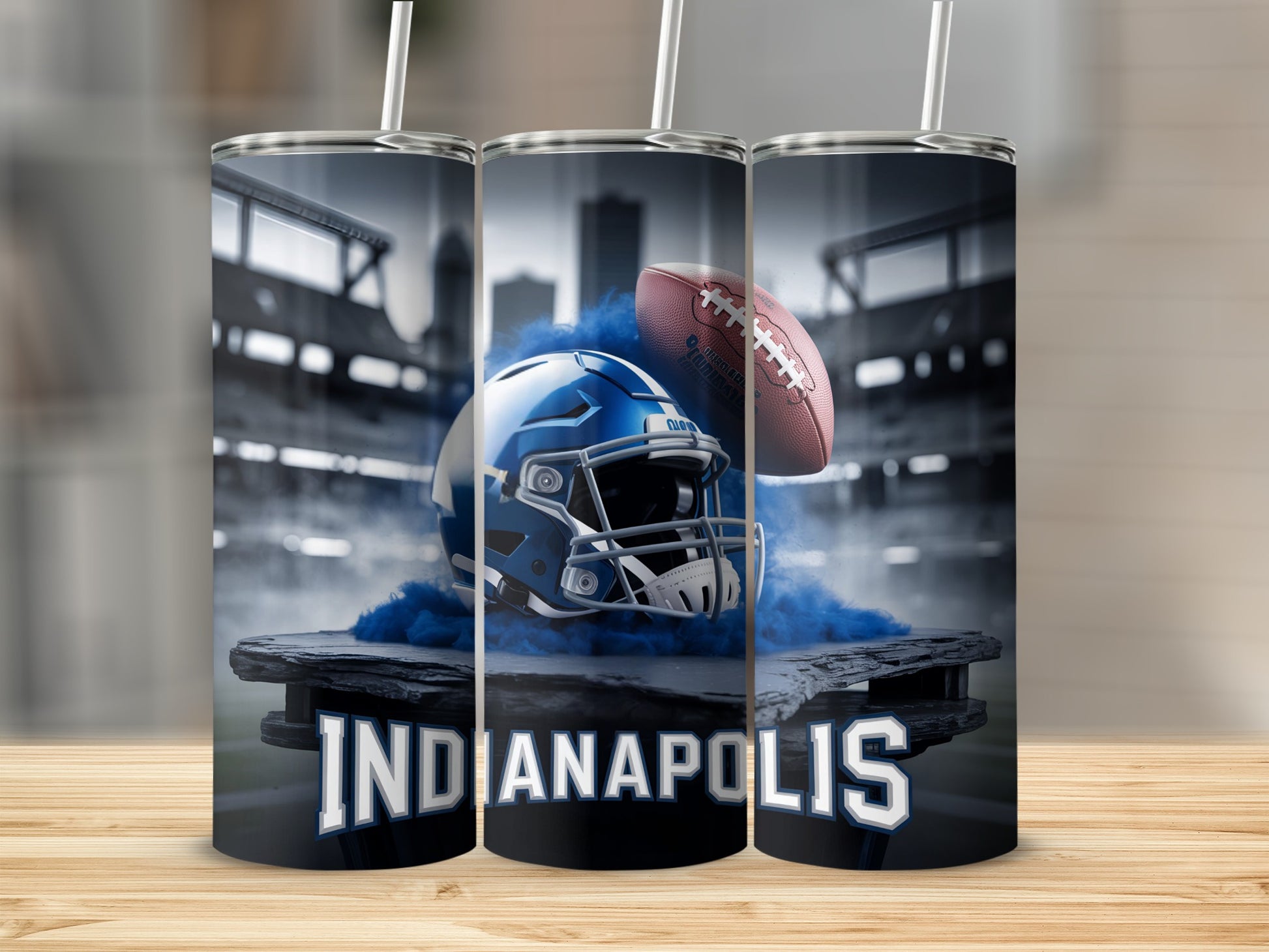 Indianapolis Colts helmet and football with smoke on stadium background.
