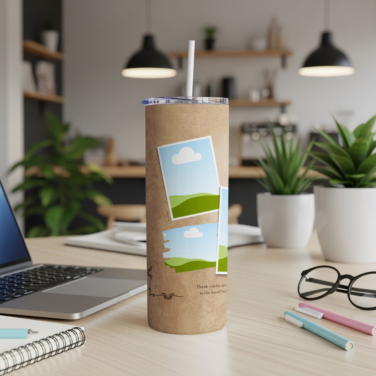 Kraft paper tumbler with photos of a landscape and handwritten text.