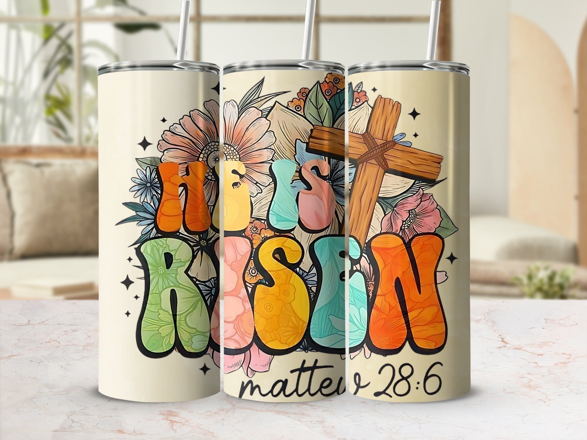 He Is Risen Mattew 28:6 Floral Cross Graphic Tumbler
