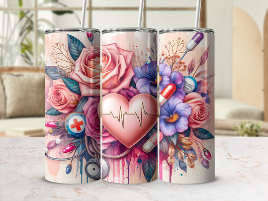 Tumbler with floral design, heart, stethoscope, and medical symbols.