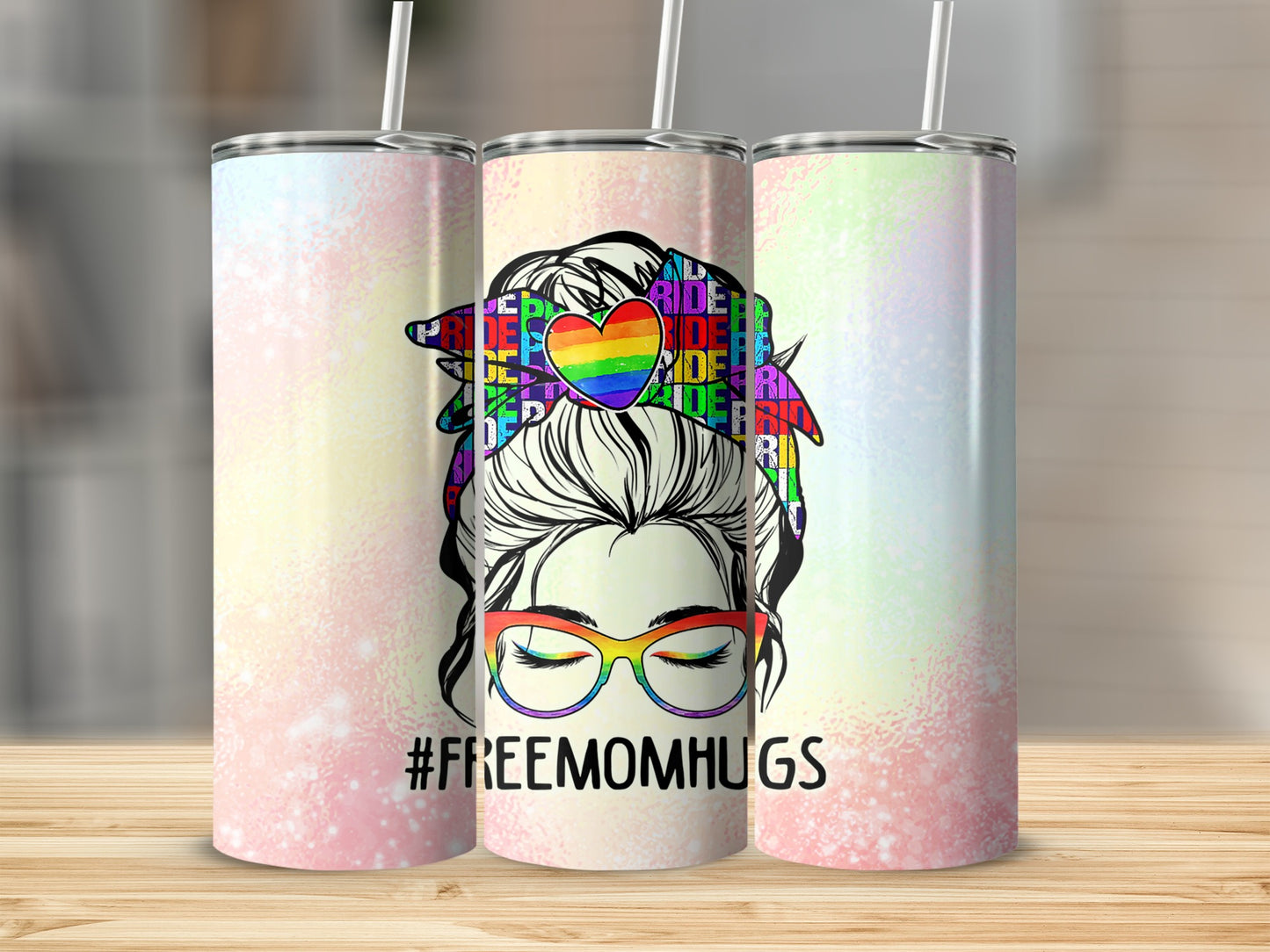Rainbow pride messy bun mom with "#FREEMOMHUGS" text and glasses.