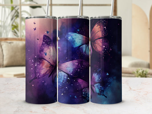 Three tumblers with a purple and pink butterfly watercolor design.
