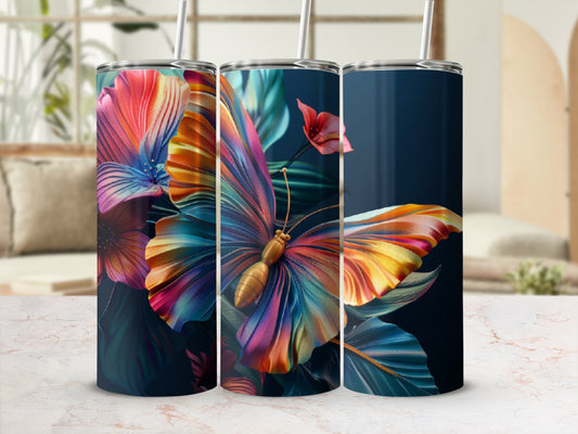 Three tumblers with colorful butterfly and floral designs.