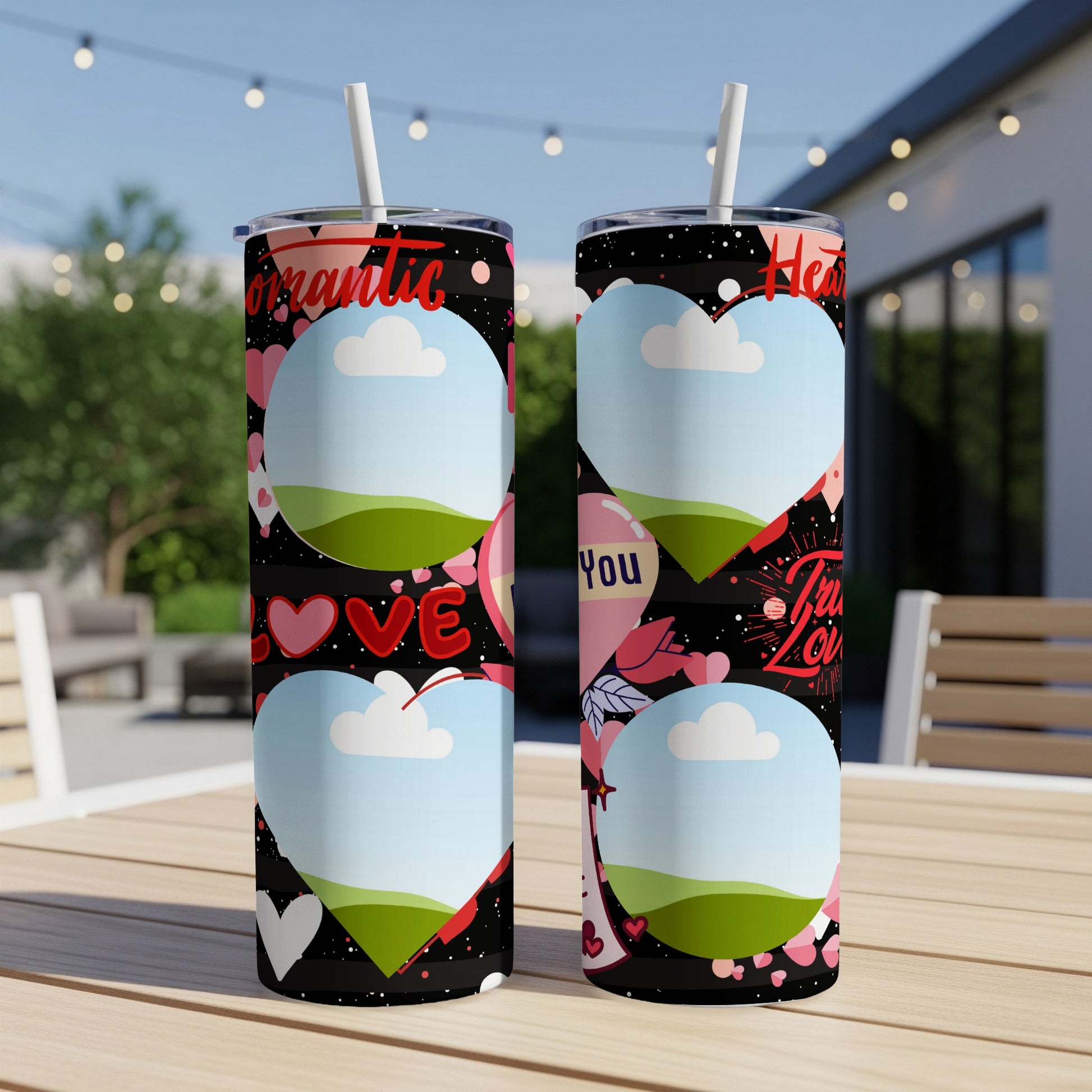 Two tumblers with a black background, hearts, and text "Romantic Love" and "True Love".