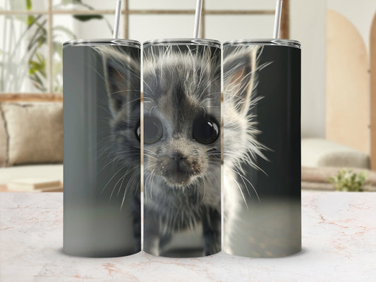 Three tumblers featuring a close-up of a fluffy grey puppy with large eyes.