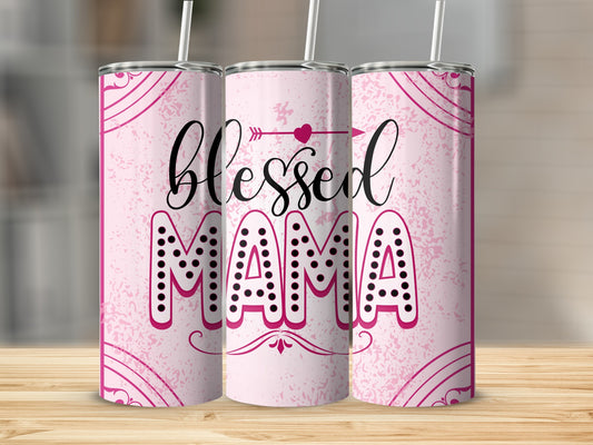 Blessed Mama Pink Tumbler with Heart Arrow Design