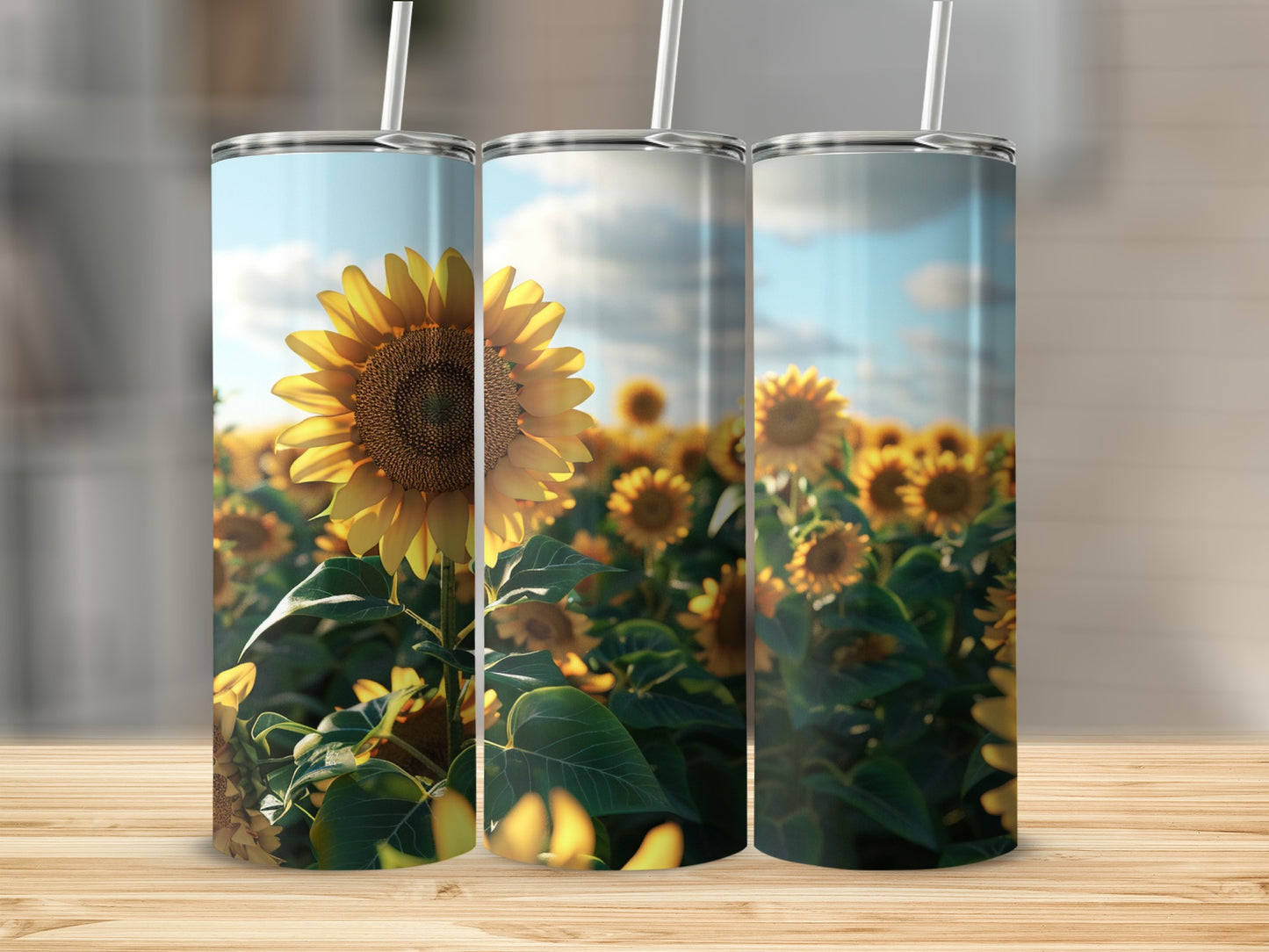 Field of sunflowers with a bright blue sky and clouds.