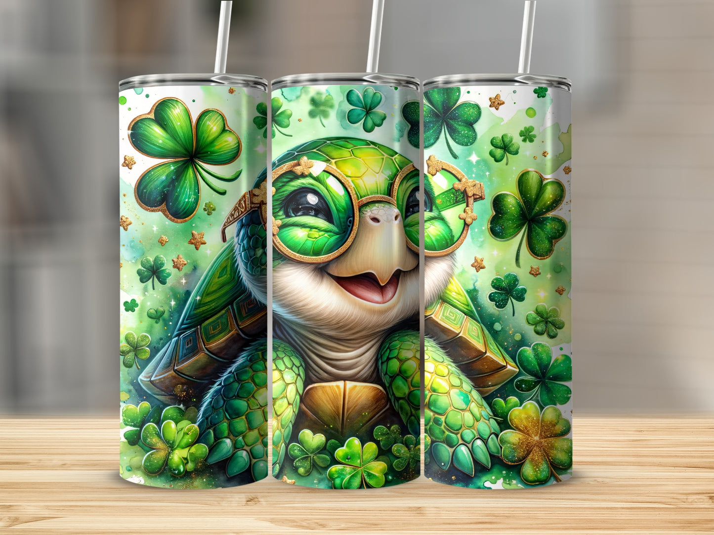 Green turtle wearing glasses and clover decorations on a tumbler.