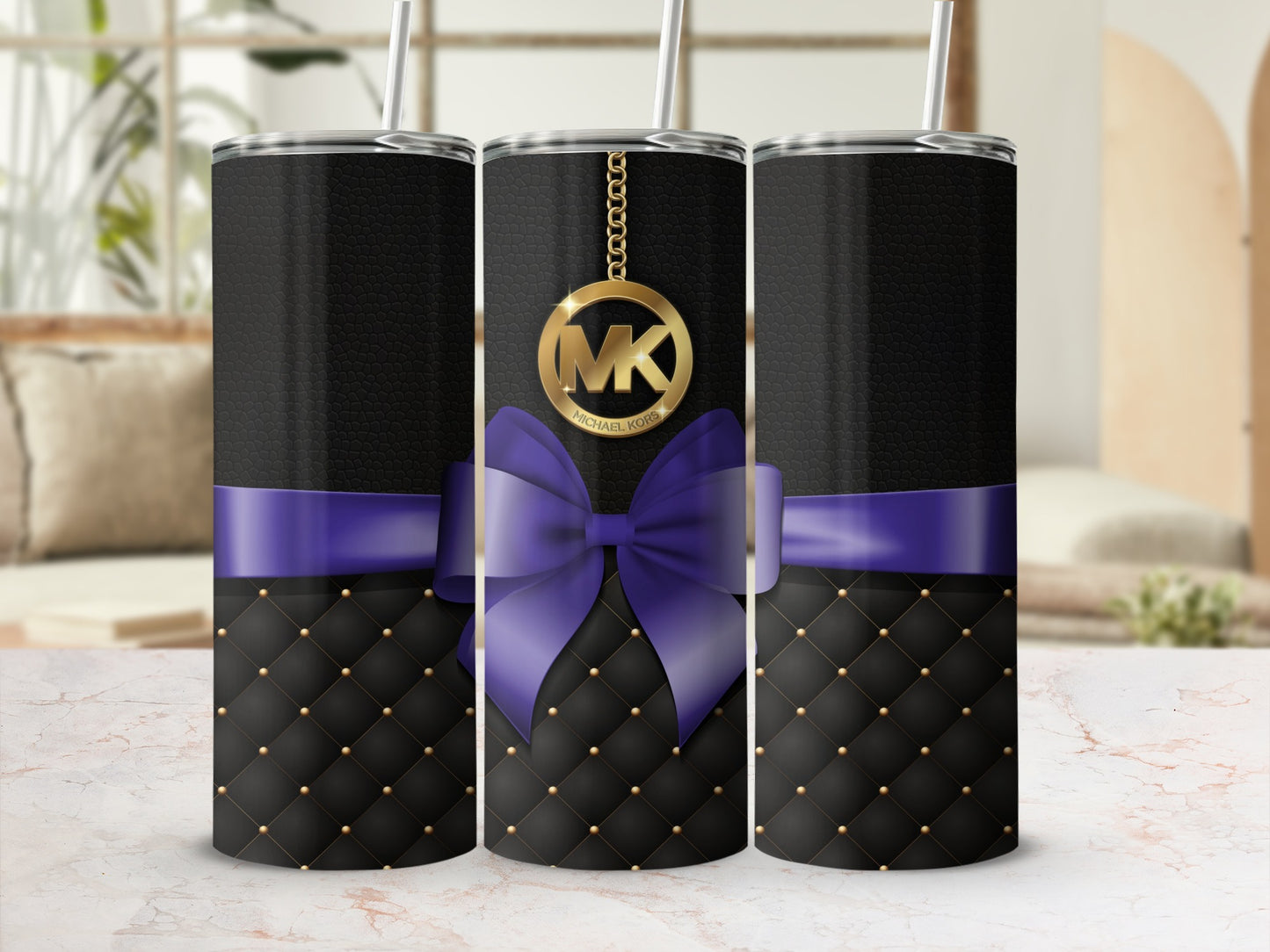 Elegant Black Tumbler with Purple Ribbon Design