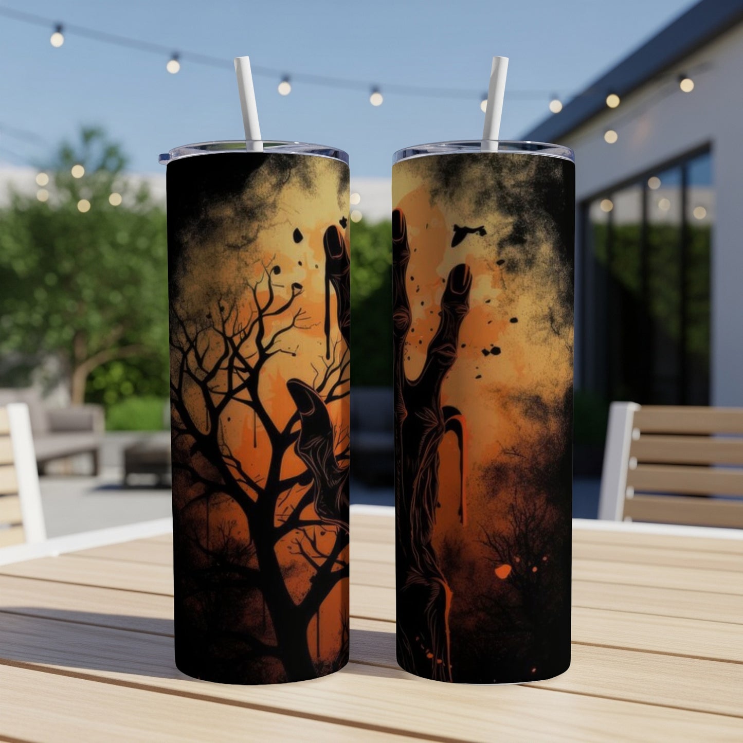 Two tumblers with a spooky zombie hand and bare tree design on an orange background.