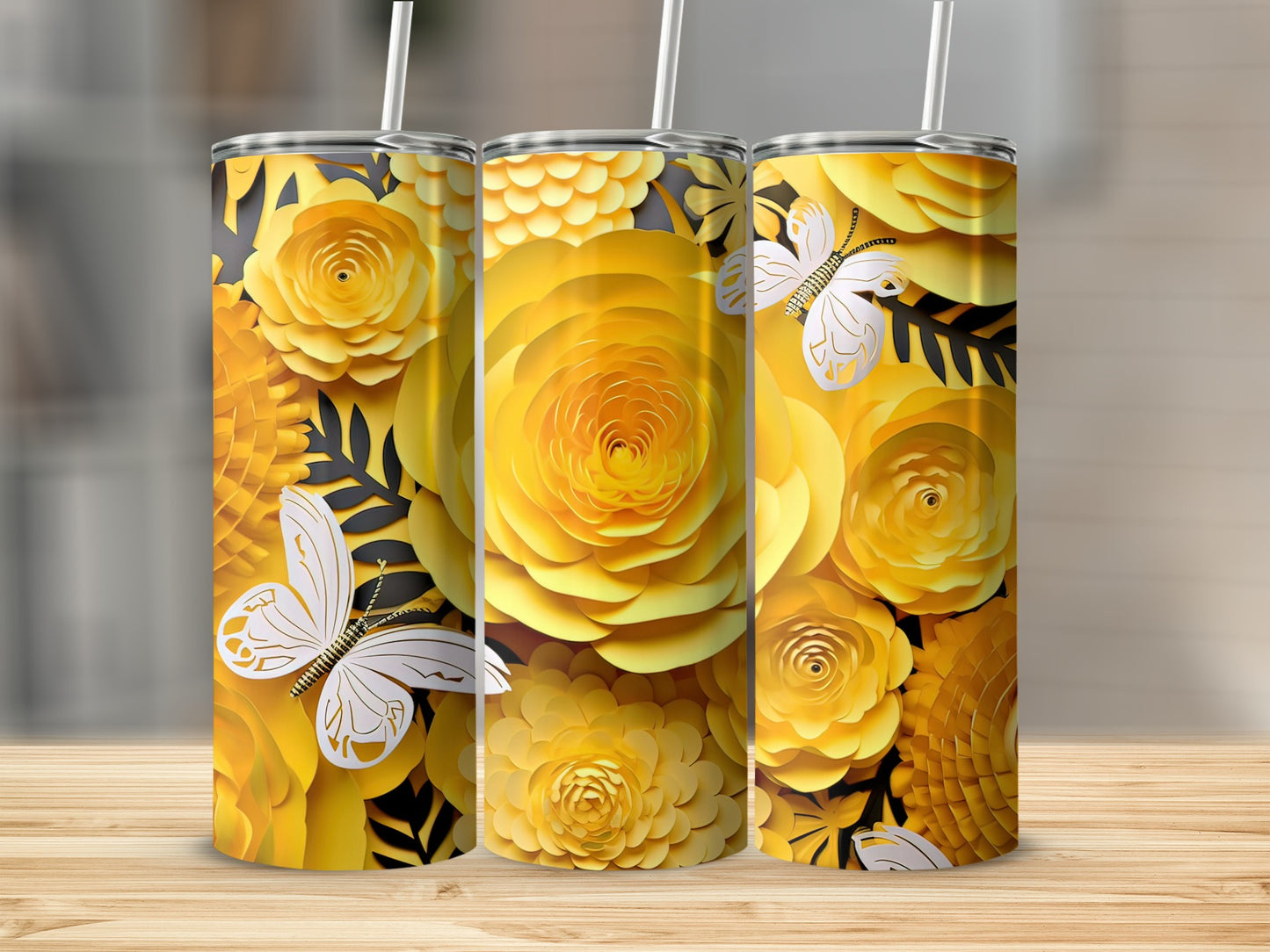Beautiful Yellow Floral Patterned Tumbler with Butterflies