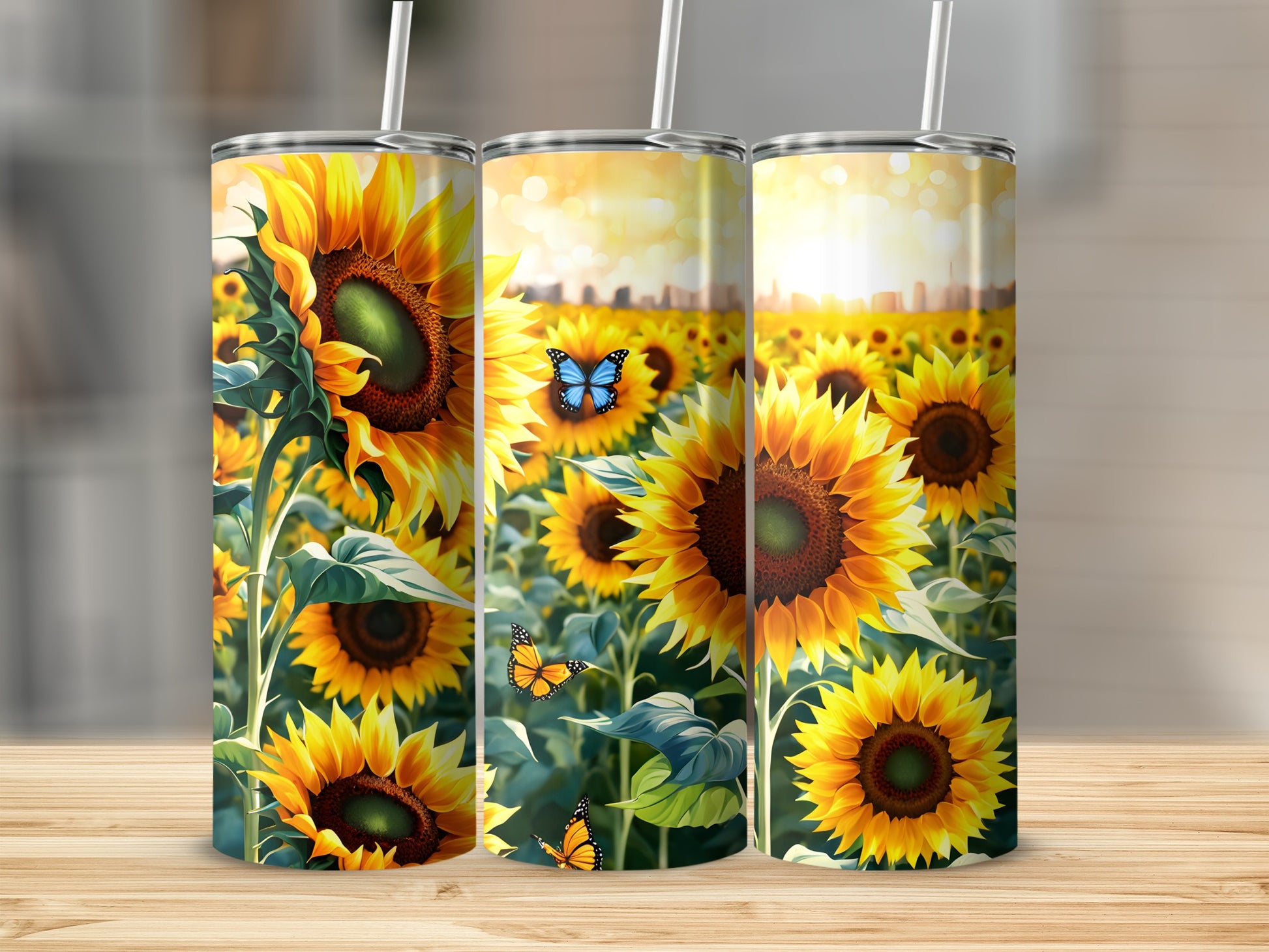 Three sunflowers with butterflies on a wooden surface.