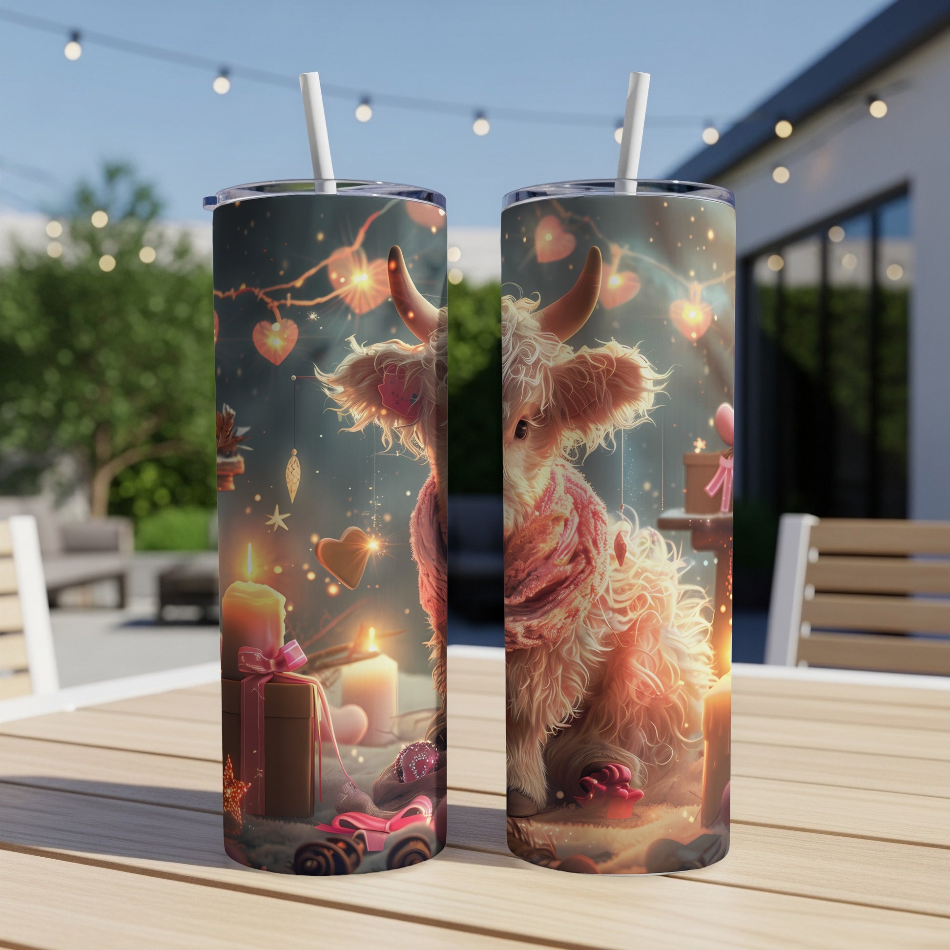 Fluffy highland cow with pink scarf and heart decorations on a tumbler.