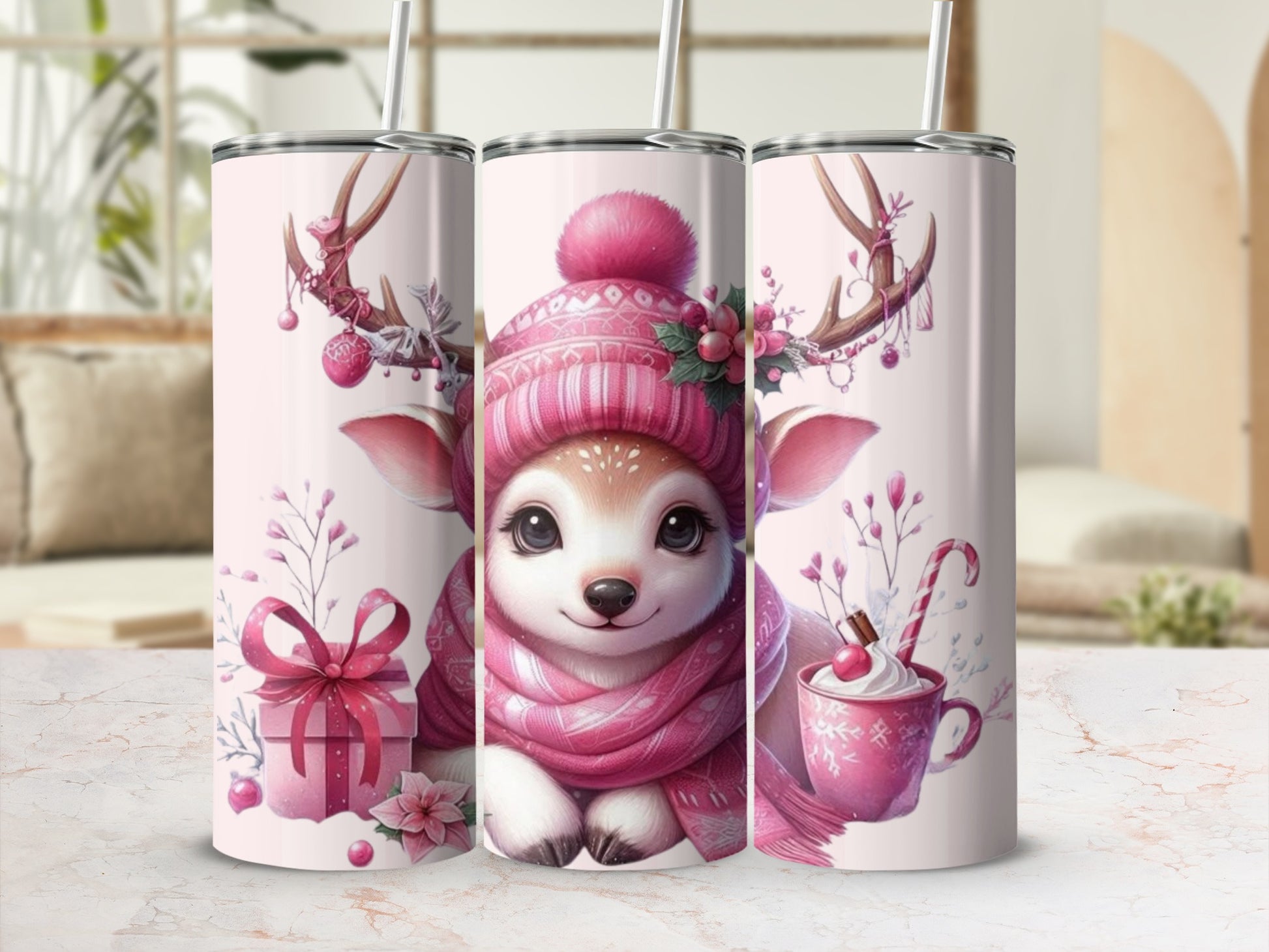 Cute Winter Reindeer Christmas Themed Tumbler
