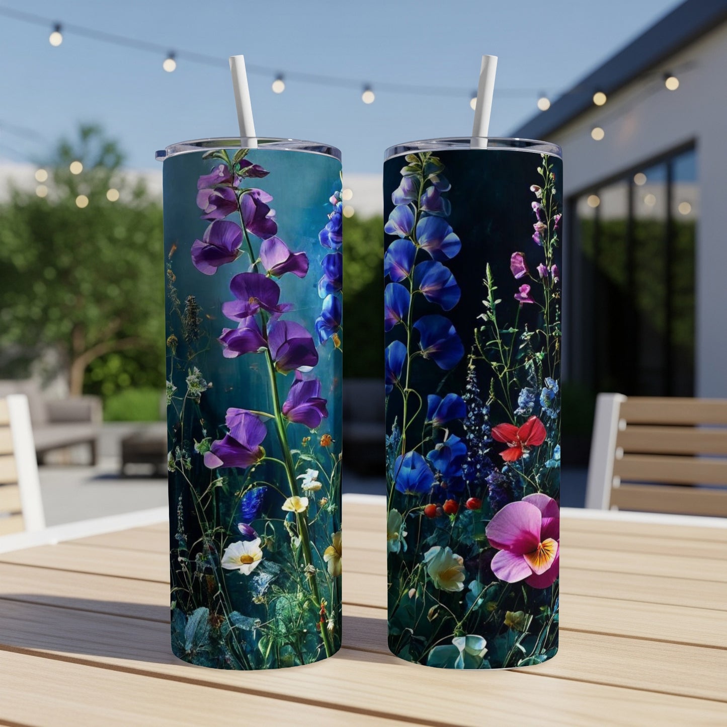 Two tall tumblers with a dark floral design featuring purple and blue flowers.