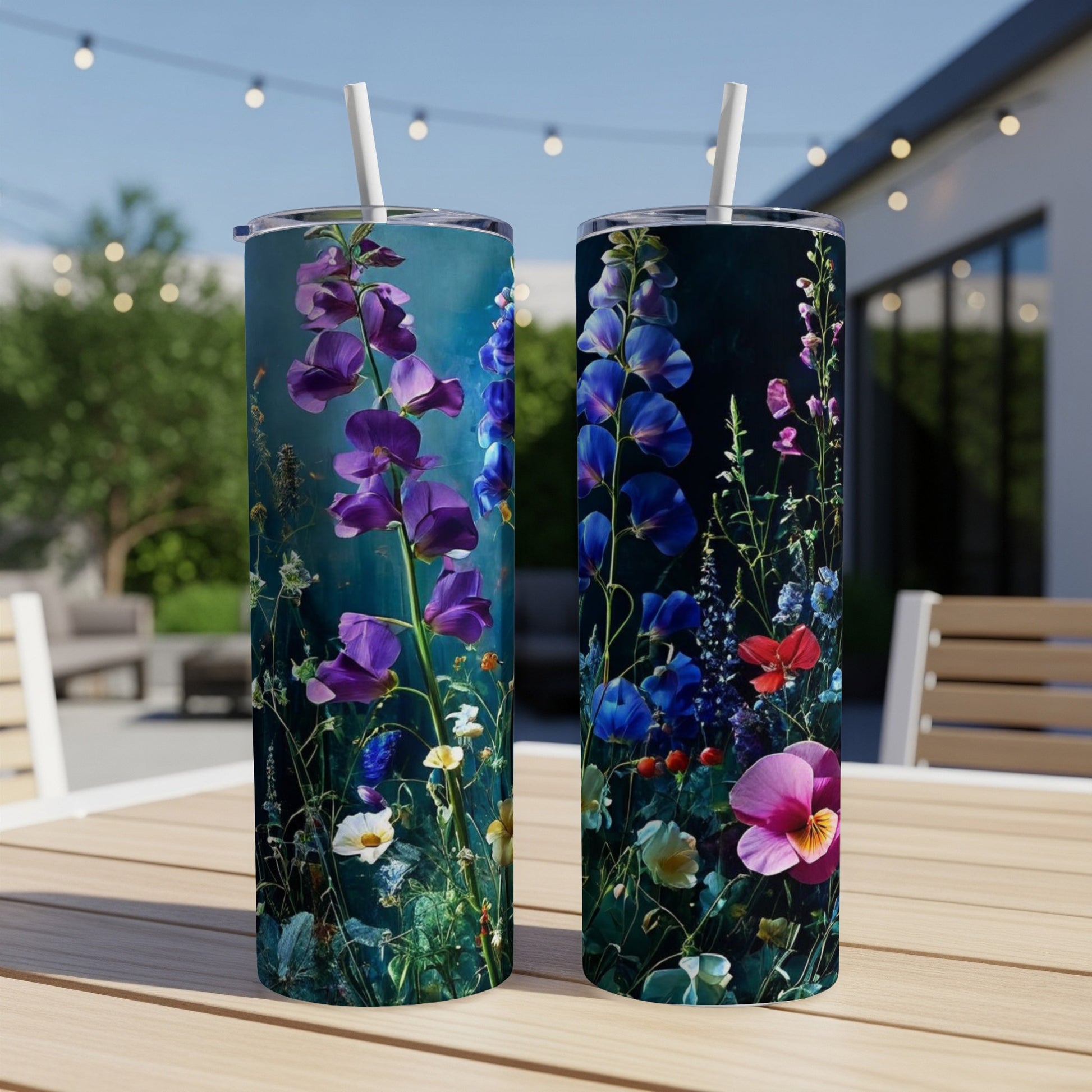 Two tall tumblers with a dark floral design featuring purple and blue flowers.