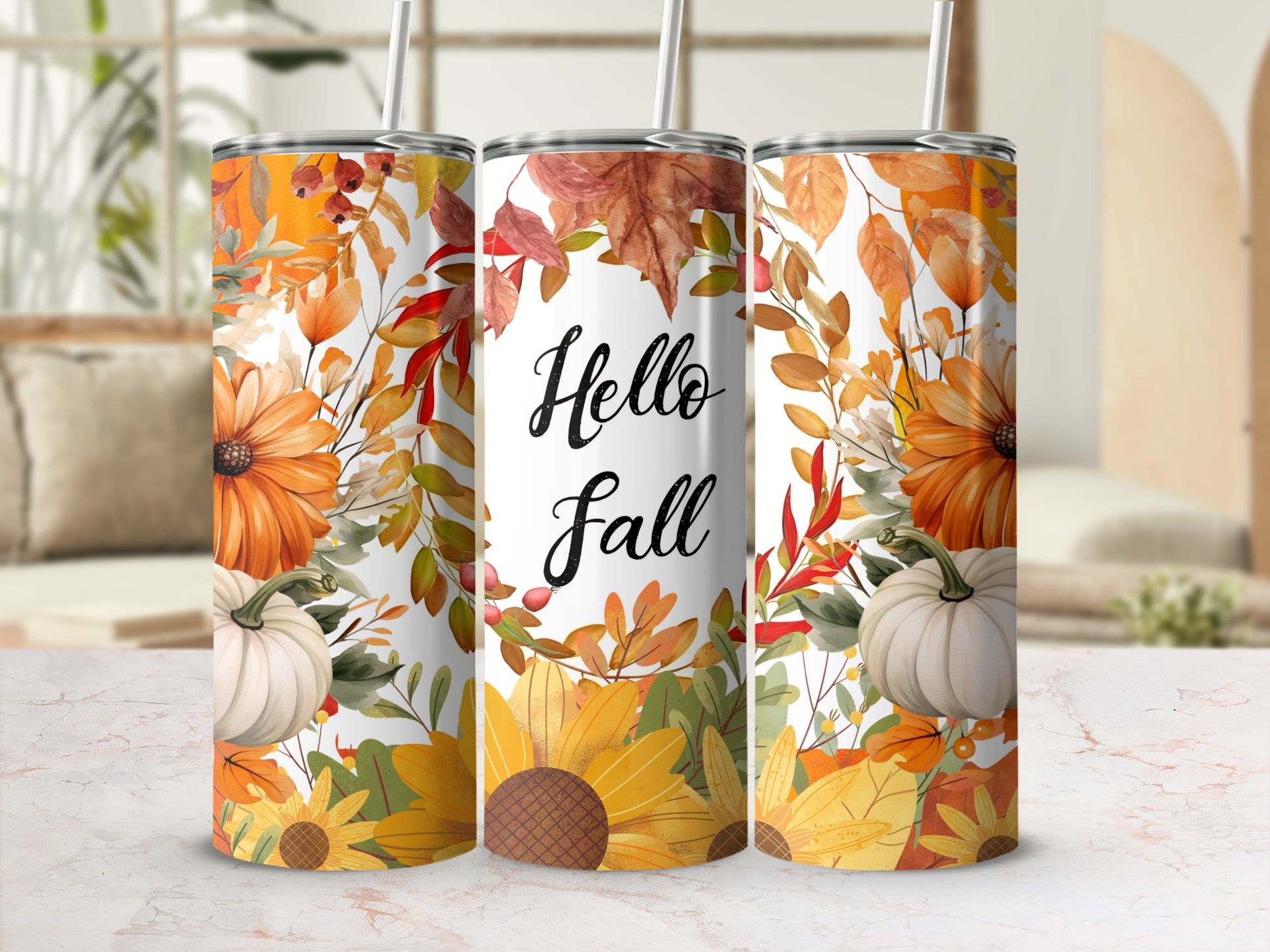 Hello Fall Floral Pumpkin Tumbler With Straw