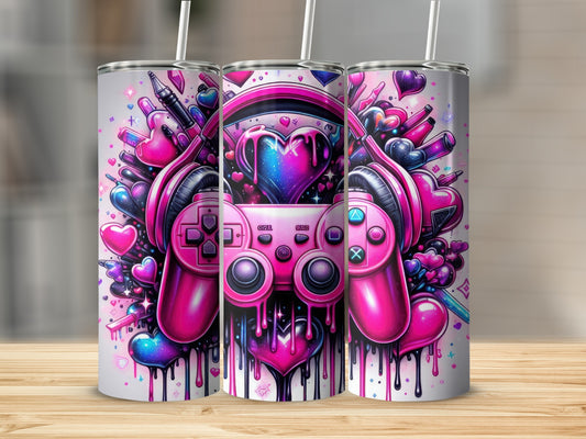 Vibrant Gamer Art with Pink Headphones Tumbler Design
