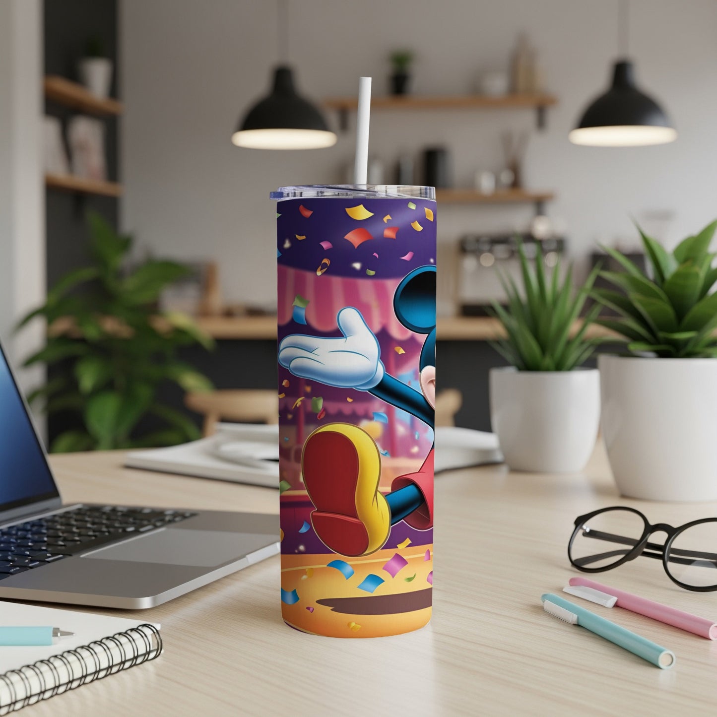 Mickey Mouse with confetti on a purple tumbler.