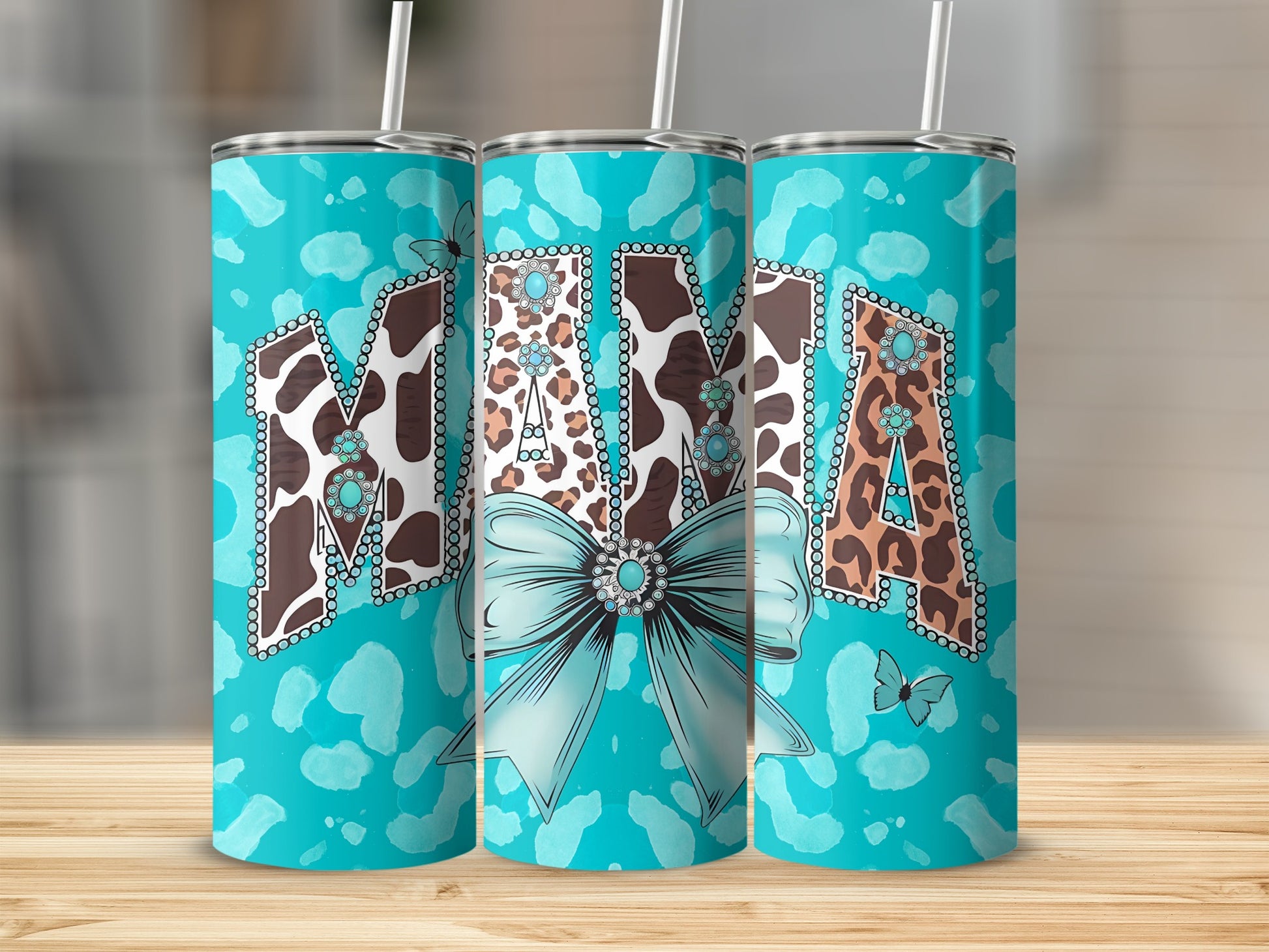 Turquoise MAMA Design with Animal Print Tumbler