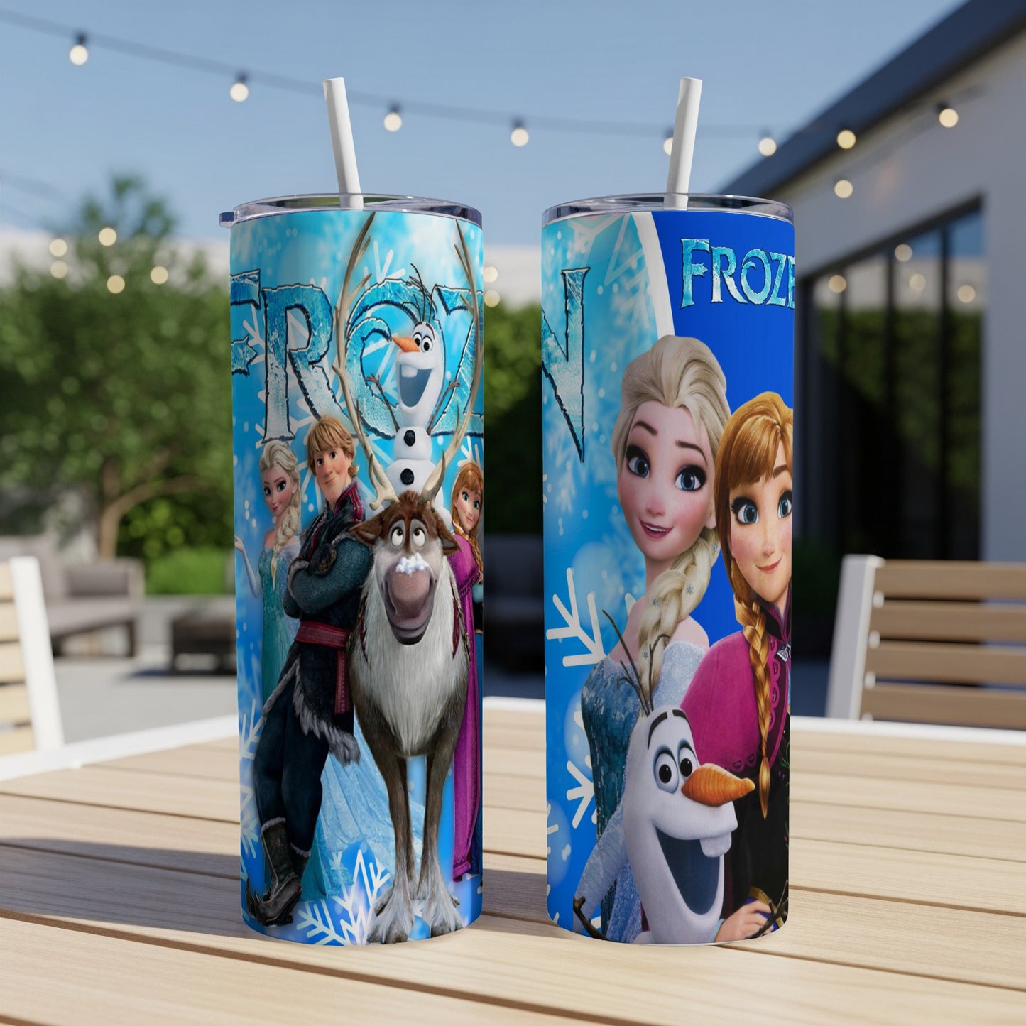 Frozen characters Elsa, Anna, Olaf, and Kristoff on two blue tumblers.