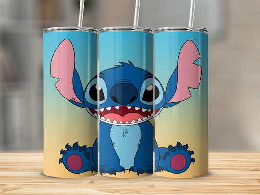 Blue alien character with large ears and wide smile on a gradient background.