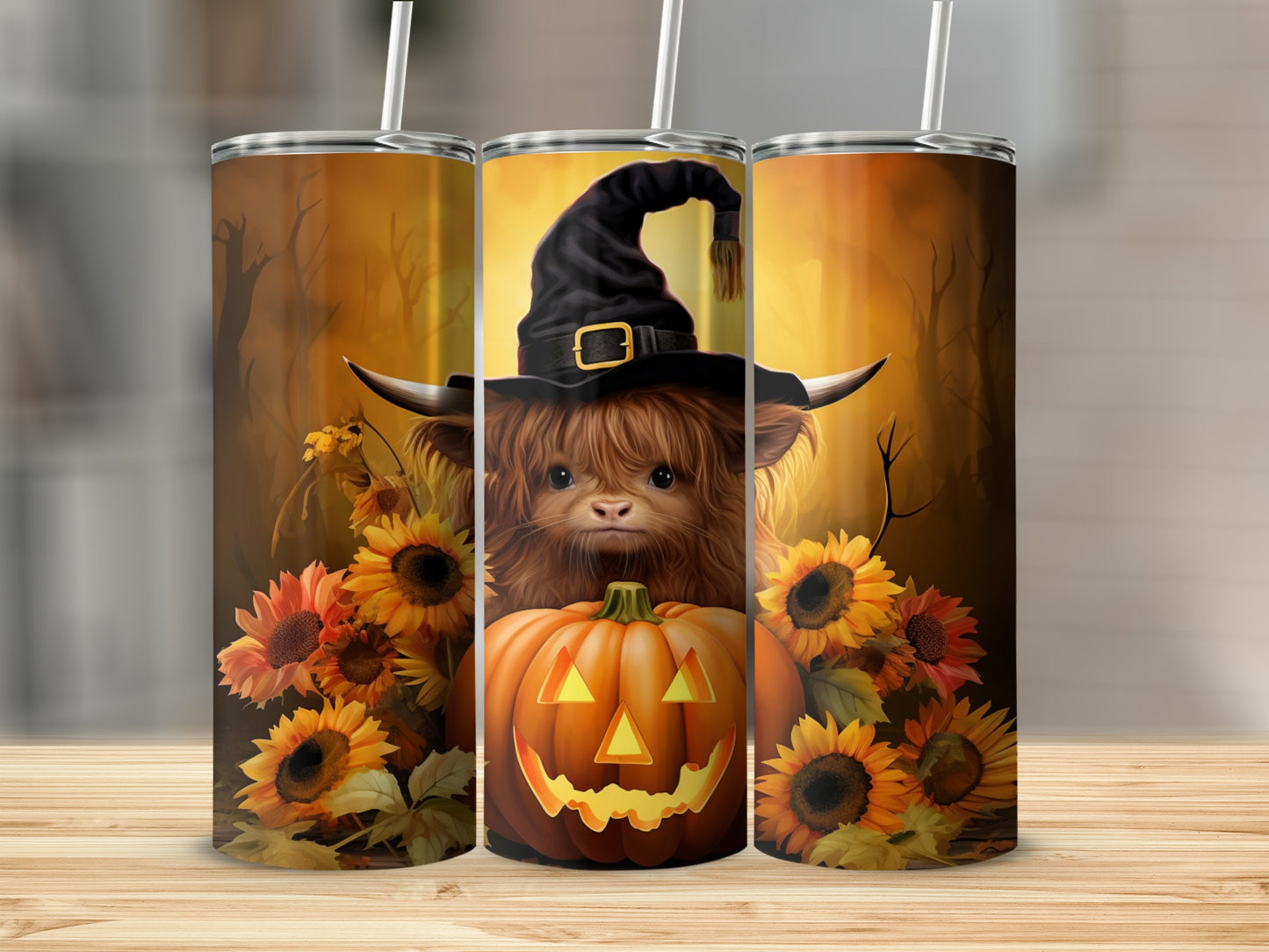 Cute Highland Cow with Pumpkin Halloween Stainless Steel Tumblers