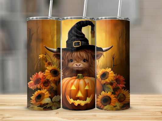 Cute Highland Cow with Pumpkin Halloween Stainless Steel Tumblers
