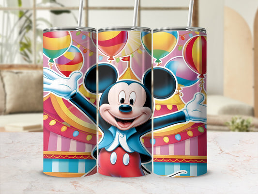 Mickey Mouse in a circus outfit with balloons on a tumbler.