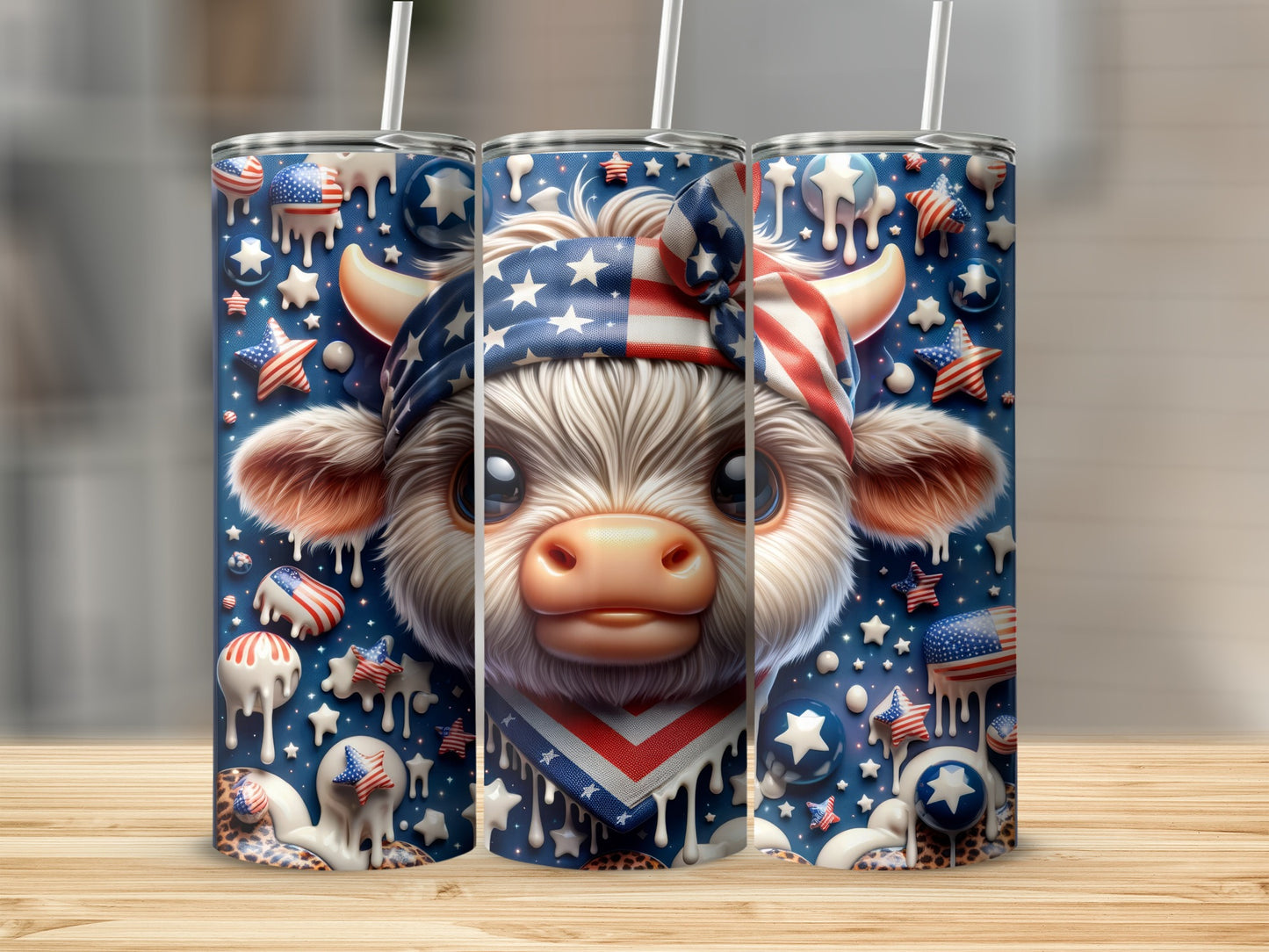 Cow wearing a bandana with patriotic stars and stripes patterns.
