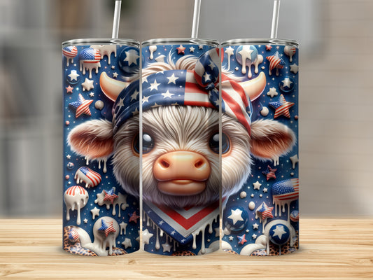 Cow wearing a bandana with patriotic stars and stripes patterns.