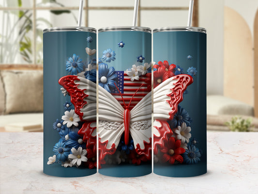 White and red butterfly with American flag on a floral tumbler.