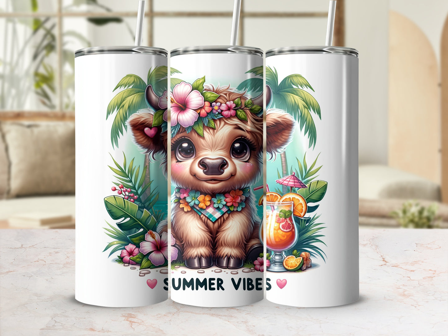 Cute cow with floral crown and summer drink, "Summer Vibes" text.