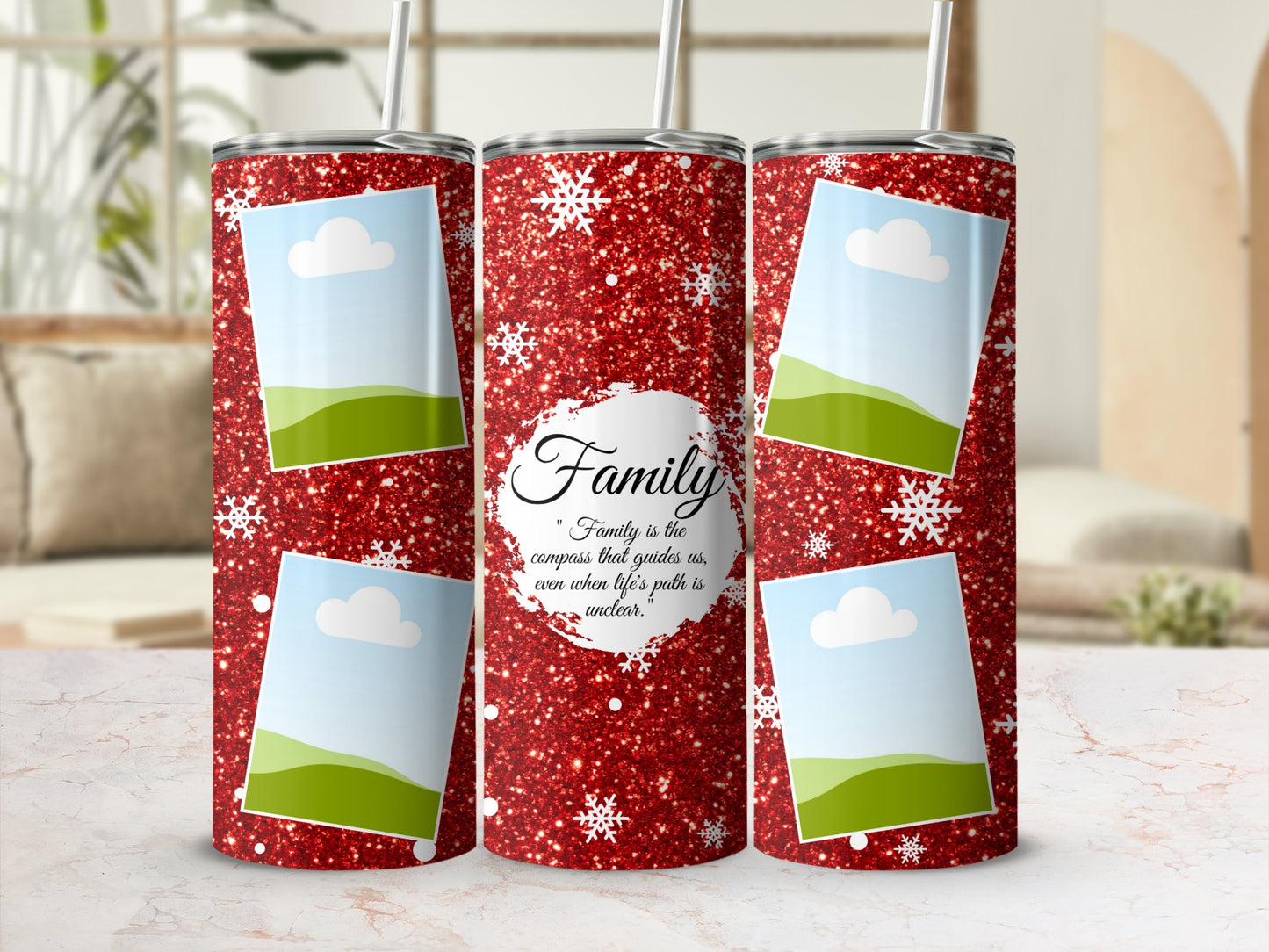 Red glitter tumbler with snowflakes and "Family" quote with placeholder photos.