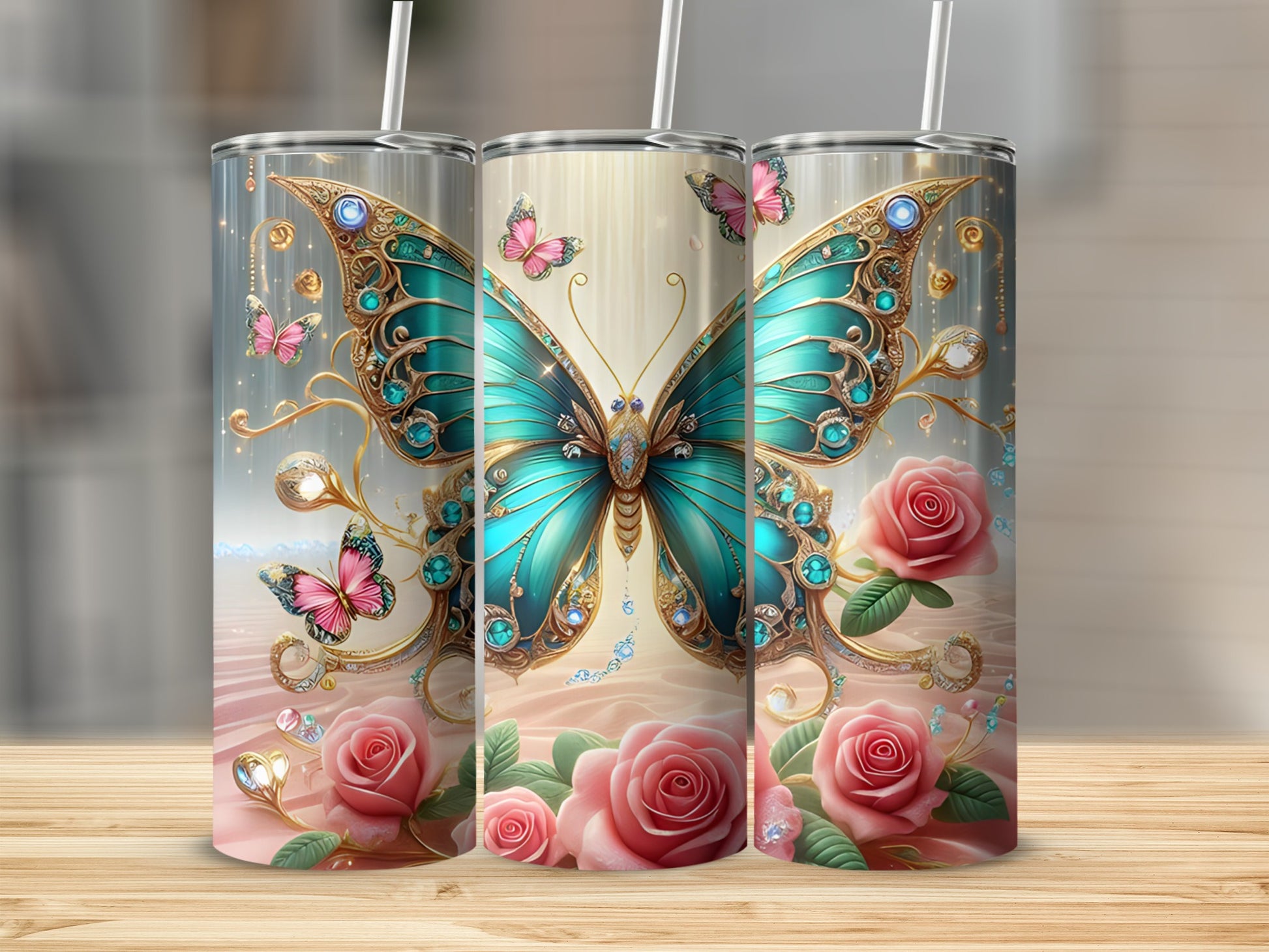 Two skinny tumblers with teal butterflies and pink roses.