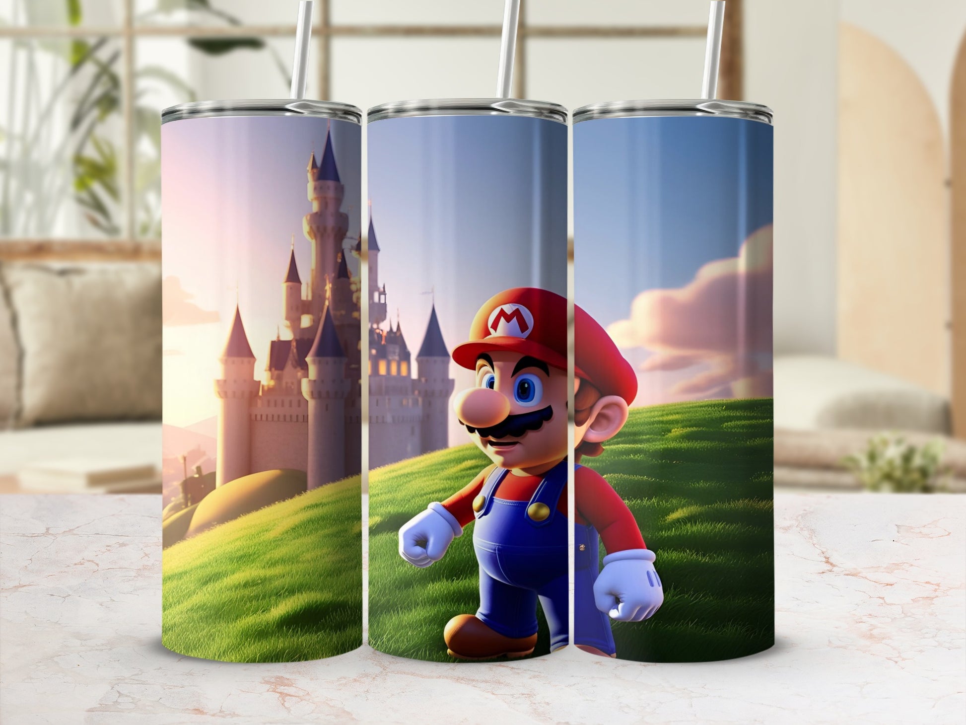 Mario character on a castle background, on a tumbler.