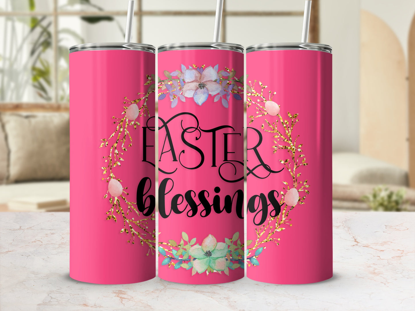 Pink tumbler with "Easter Blessings" and floral accents.