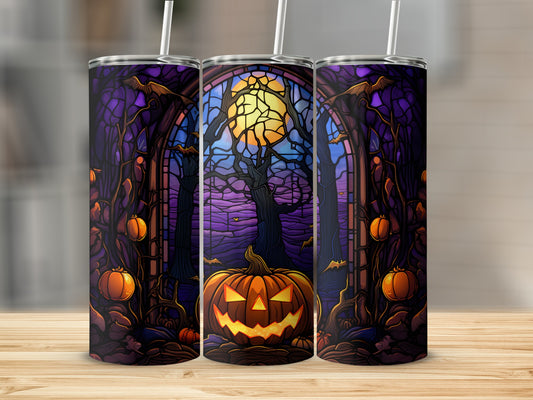 Three Halloween tumblers featuring a spooky jack-o'-lantern and gothic window scene.