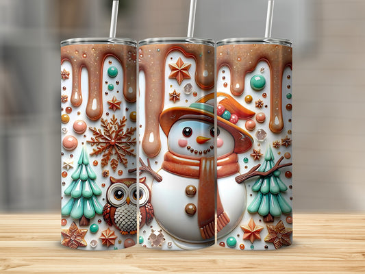 Festive Snowman Design Tumbler with Owl and Snowflakes