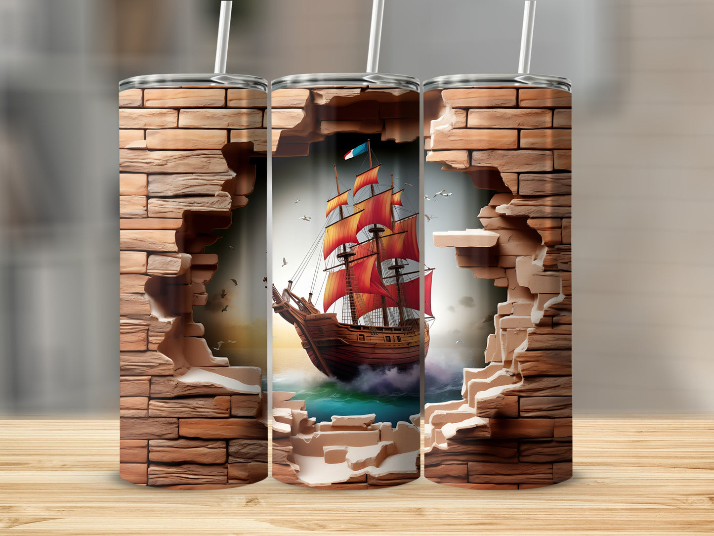 Nautical Ship Design Tumbler with Brick Wall Effect