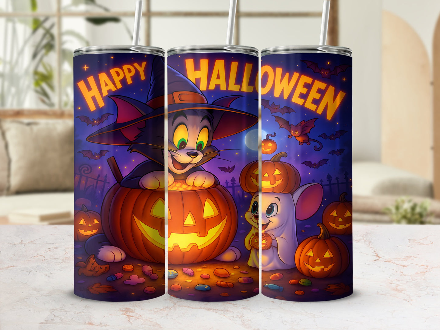 Tom and Jerry Halloween tumbler with pumpkins, bats, and candy.