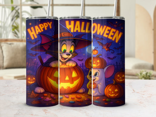 Tom and Jerry Halloween tumbler with pumpkins, bats, and candy.