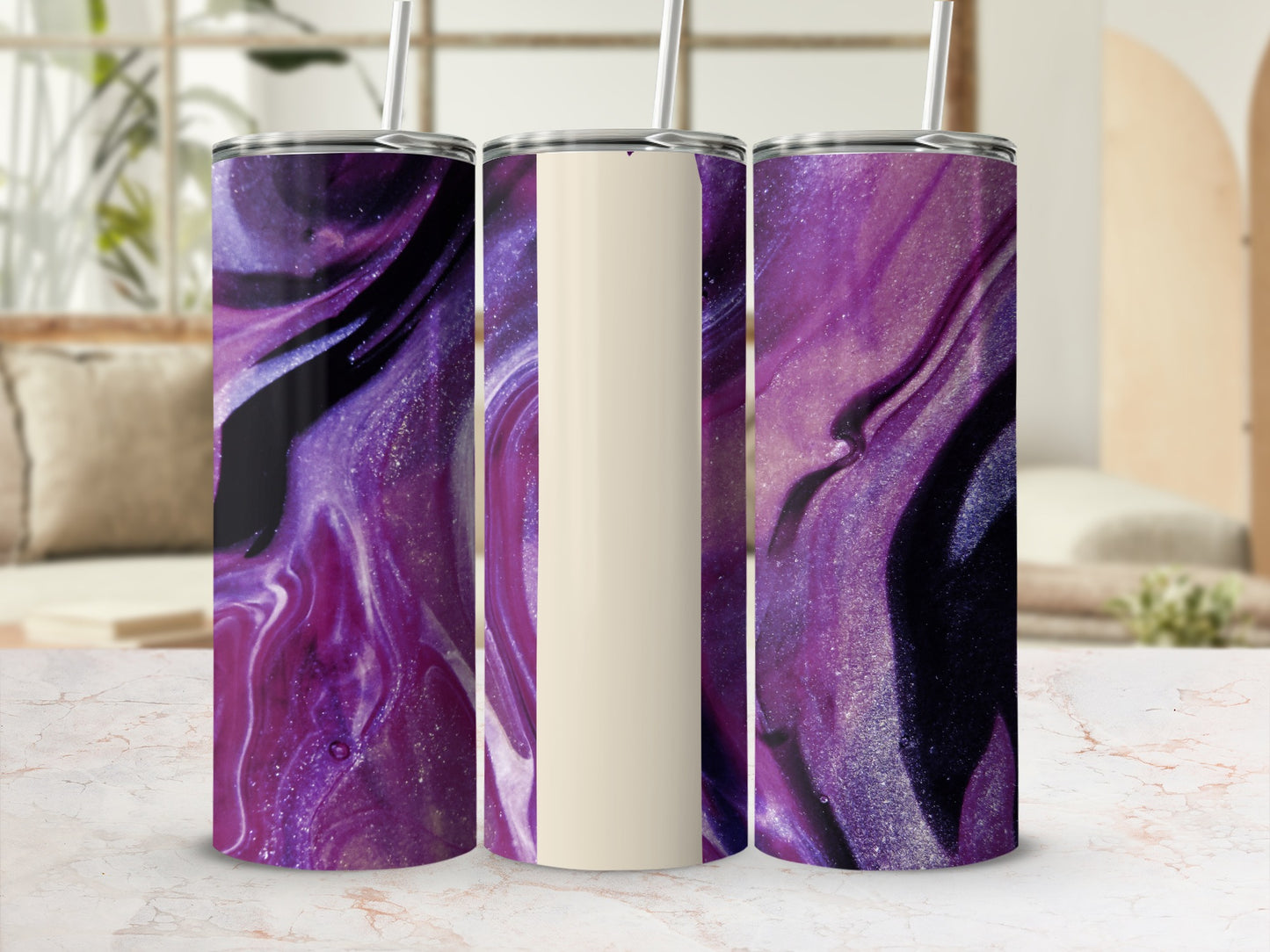 Purple abstract marbled tumbler with glitter accents and a light beige panel.