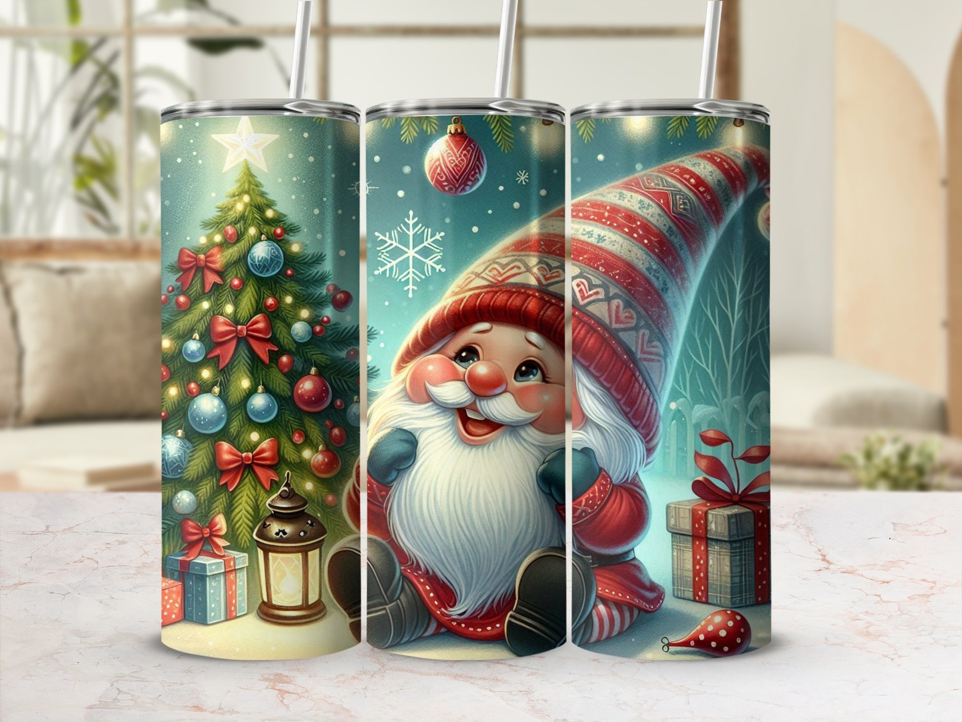 Christmas gnome and tree tumbler with gifts and snowflakes.