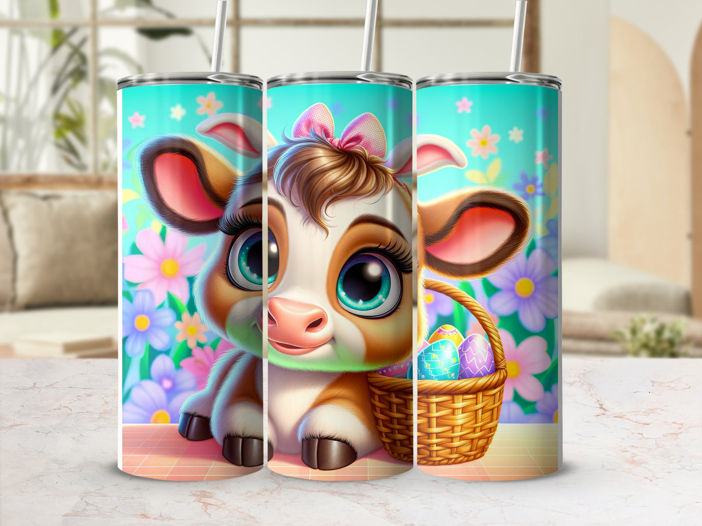 Cute cartoon calf in Easter basket with colorful eggs, floral background.