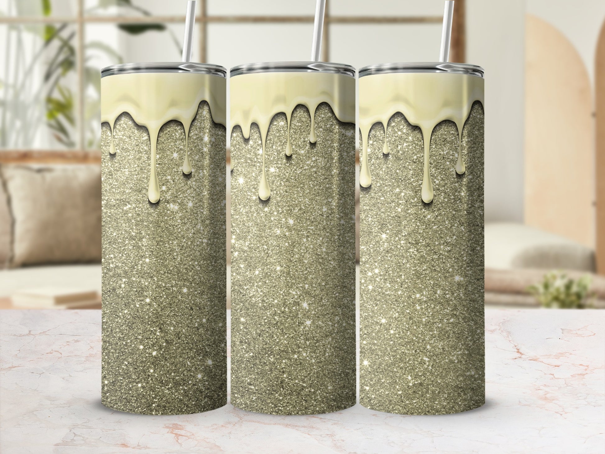 Glittery Gold Tumbler with Dripping Paint Design Tumbler